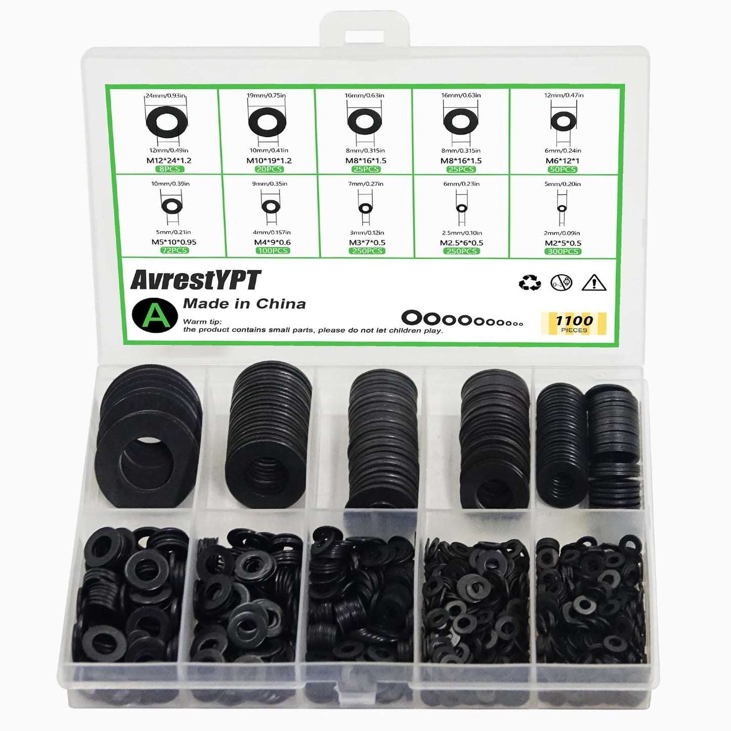 1100 Pcs 9 Sizes Flat Washers for Screws Bolts Black Metal Assorted Washers M2 M2.5 M3 M4 M5 M6 M8 M10 M12 for Furniture Mechanical Repairs