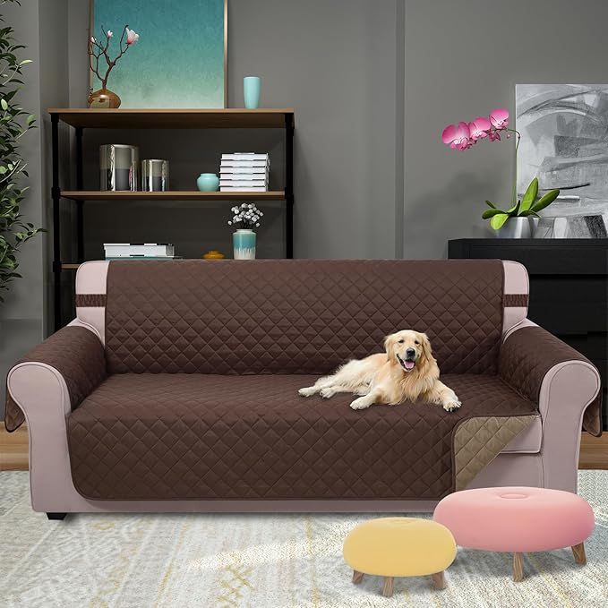 U-NICE HOME Large Sofa Cover Reversible Couch Cover for Dogs Pets with Elastic Straps Water Resistant Furniture Protector for 4 Cushion Couch (Oversized Sofa, Chocolate/Taupe)
