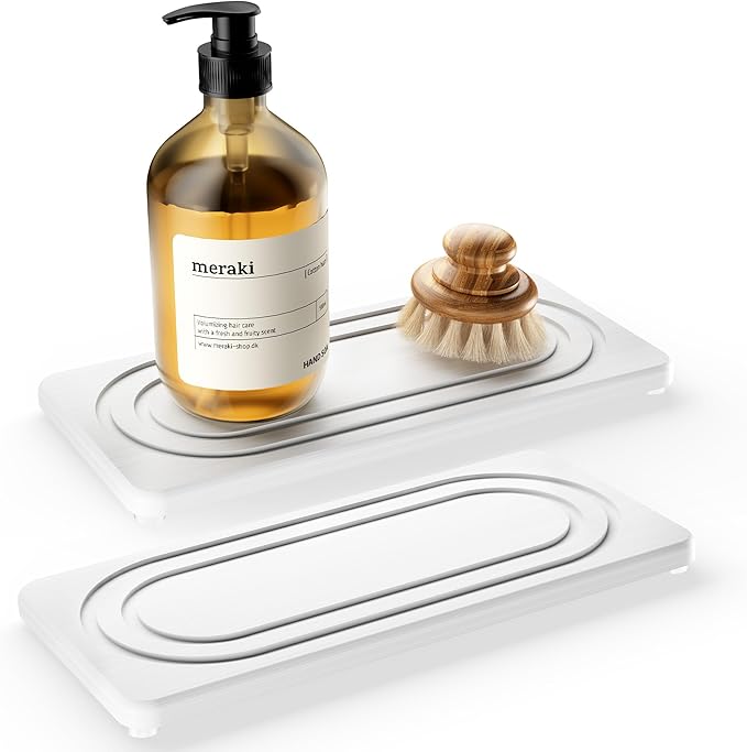 2 PCS Water Absorbing Stone Tray for Sink, Quick Drying Diatomite Bathroom Tray Countertop, Stone Drying Mat for Kitchen Counter Faucet, Soap Dish Dispenser Vanity Organizer, White-B-8.3" x 4"
