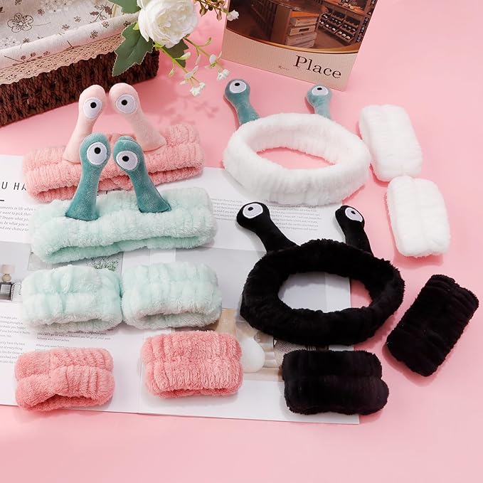 SuPoo 3pcs Snail Face Wash Headband, Wristband and Hair Wrap Set - Funny Pink Puffy Makeup Headbands, Cute Spa Towels and Hair Accessory