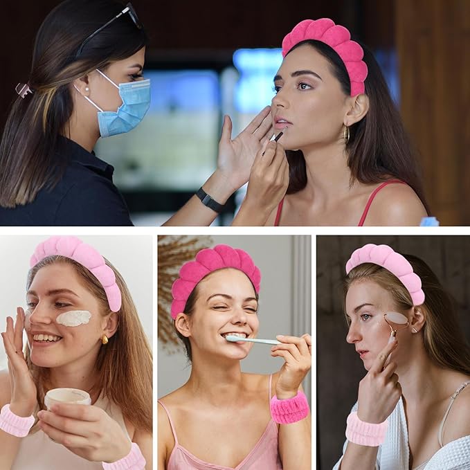 6Pcs Spa Headband and Wrist Washband Set, Skincare Makeup Headband, Sponge Face Wash Band, Terry Cloth Puffy Hair Band for Washing Face