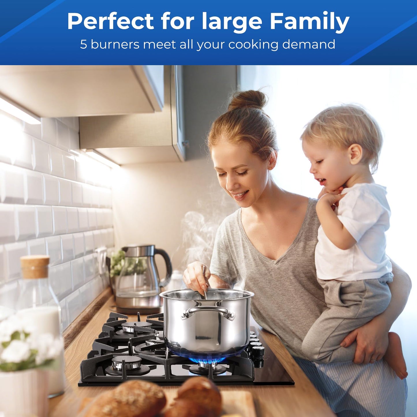 Gas Cooktop 30 Inch, Amzgachfktch 5 Burners Propane Stove, Built-in NG/LPG Convertible Gas Stove Top, Black Tempered Glass Propane Cooktop with Thermocouple Protection