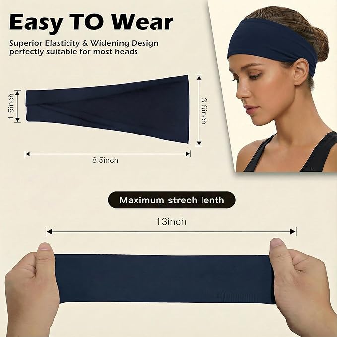 Headbands for Women, 12PCS Wide Stretchy Sports Hair Bands, Elastic Soft Fashion Head Bands, Non-Slip Running Sweatbands for Fashion, Washing Face, Workouts, Yoga, Daily Use