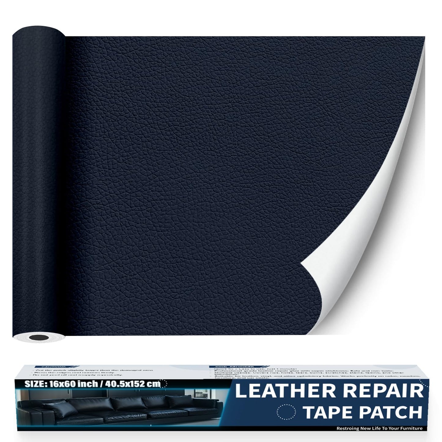 Zenyao Leather Repair Patch Tape - Self Adhesive Leather Repair Kit for Car Seat Furniture, Heavy Duty Vinyl Repair Patch for Couch Sofa, Waterproof Fix for Tears, 16x60 Inch Roll, Navy Blue