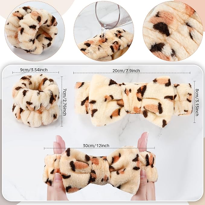 Hanaive Headbands for Women for Washing Face Spa Headband and Wristbands, Makeup Headband for Washing Face, Soft Facial Makeup Head Band, Shower Skin Care Hair Supplies(Leopard)