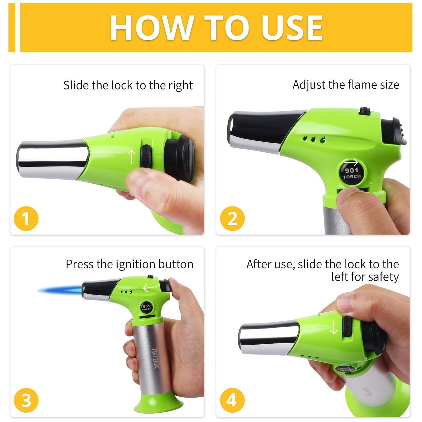 TBTEEK Butane Torch T901, Kitchen Torch Cooking Torch with Safety Lock & Adjustable Flame for Cooking, BBQ, Baking, Brulee, Creme, DIY Soldering(Butane Not Included), Green