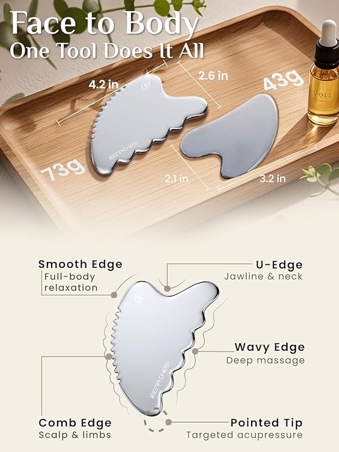 Rena Chris Body Gua Sha Tools, Stainless Steel Guasha Tool, Manual Massage Sticks for Jawline Sculpting and Puffiness Reducing, Whole Body Skin Care Massager (Silver)