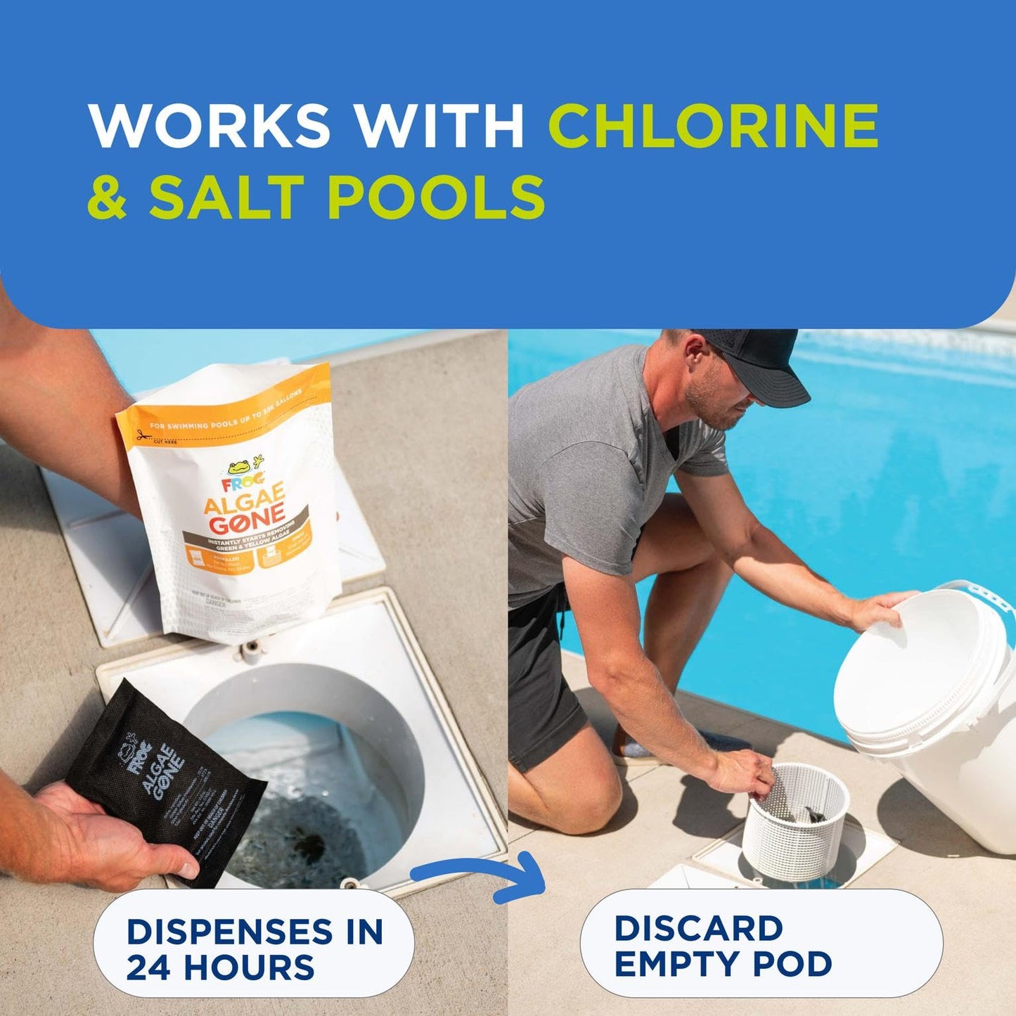 FROG Algae Gone - Dry Formula Algaecide Removes Green and Yellow Algae for In-Ground & Above-Ground Pools up to 30,000 Gallons - Chemical Pool Maintenance & Treatment - 3 Pods