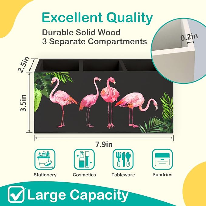 Tropical Pink Flamingo Wood Makeup Brush Toothbrush Holder Organizer for Vanity Bathroom,Pink Flamingo Gifts for Women,Girly Aesthetics Wooden Pen Pencil Holder for Desk Accessories(Black)