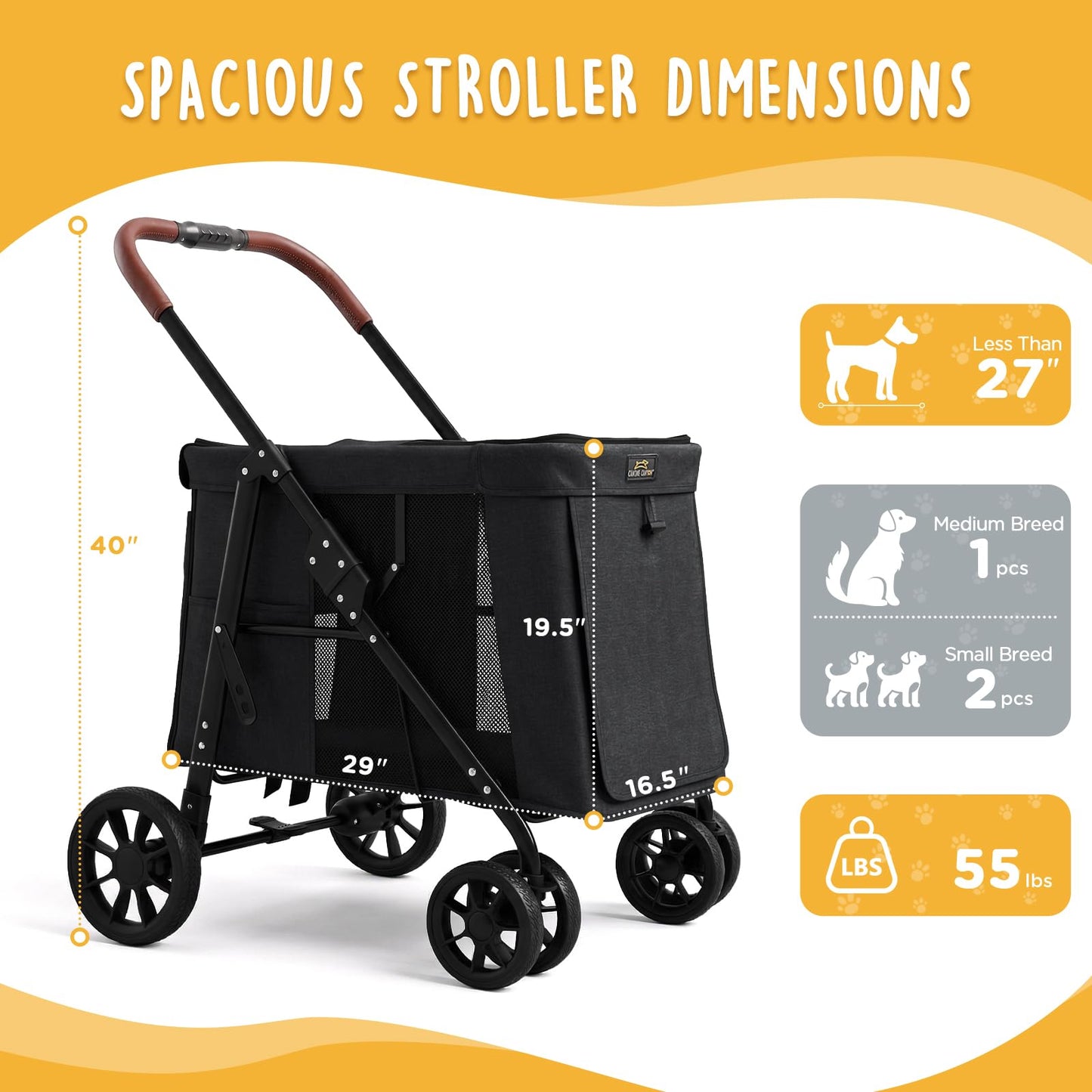 CANINE CANYON Scout Pet Stroller, Heavy Duty Dog Stroller for Large & Medium Dogs, Foldable Pet Stroller for 2 Small Dogs with All-Terrain Wheels, Storage Pocket & Cup Holder, 55 lbs Capacity, Black