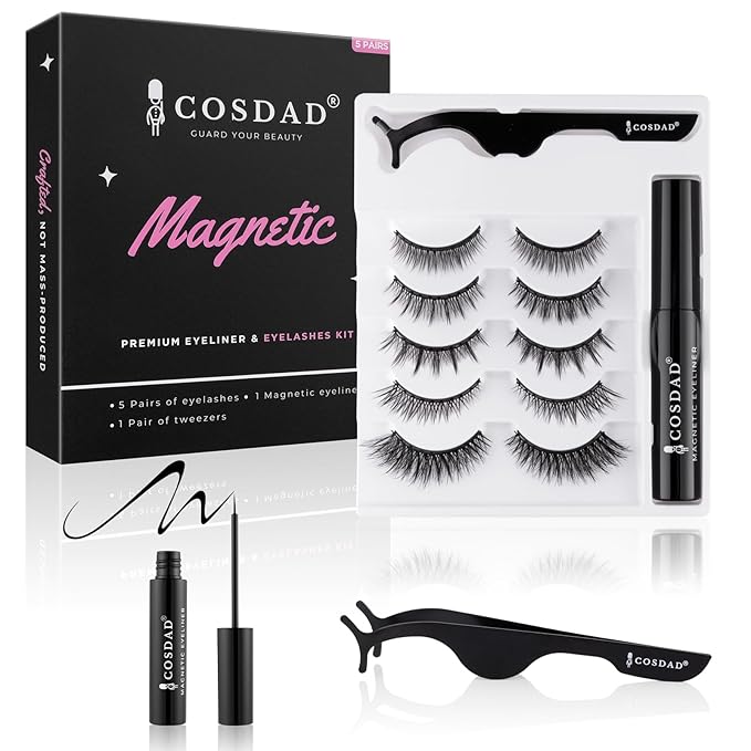 Magnetic Eyelashes Kit with Eyeliner, 5 Pairs, Upgraded 10-Magnet Magnetic Lashes, Waterproof & Sweat-Proof, 24H Hold, Natural Volume False Lashes, Reusable with Applicator