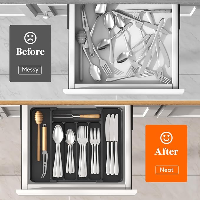 Lifewit Silverware Organizer for Drawer, Expandable Utensil Tray, BPA-Free Adjustable Cutlery Holder for Kitchen Storage, 8.1-13.9 x 11.3, Black