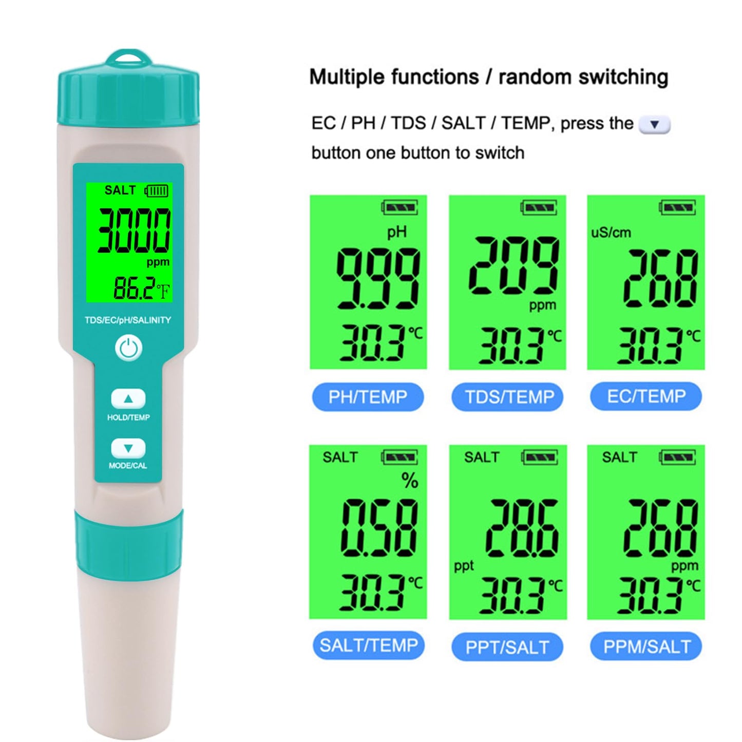 Pool Salt Tester - Multifunctional 5 in 1 Salinity, PH, TDS, EC, and Temperature Meter, Pool Salinity Testing Kit, Digital Salinity Tester for Swimming Pool,Saltwater, Sea Water, Aquarium