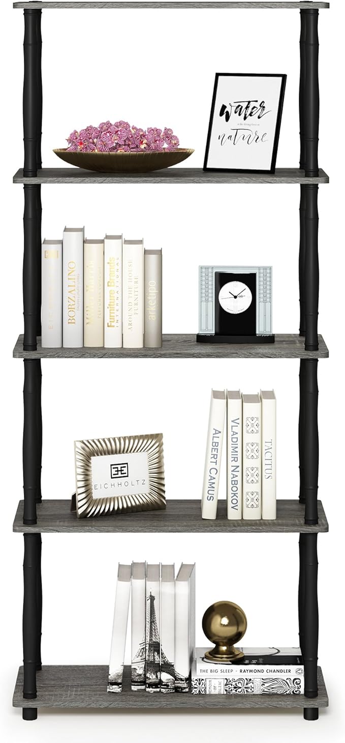 Furinno TURN-S-TUBE Storage Shelves, 5-Tier Book Shelf, Corner Shelf, Toolless Open Shelves, Classic Tubes, for Organization and Storage, Living Room, Garage, Home Office, French Oak