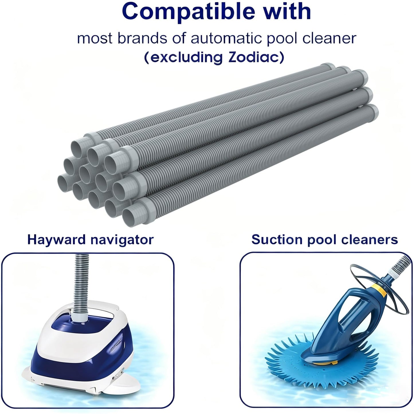 Poolvio Pool Vacuum Hose 40 Feet (12 x 40 Inch), 1.5 Inch Cuffs, Compatible with Most Inground Pool Automatic Cleaners, Gray