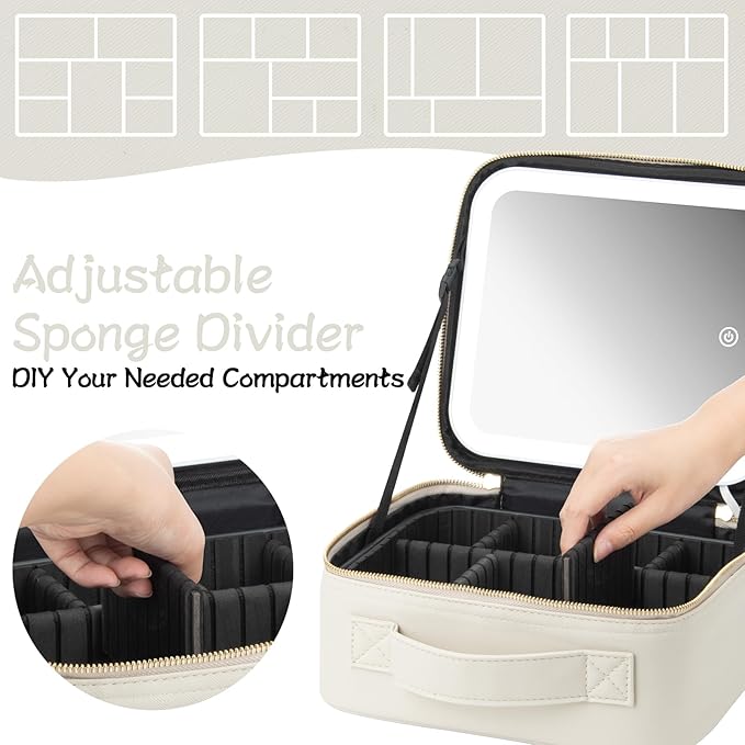 Makeup Travel Train Case with Mirror LED Light 3 Adjustable Brightness Large Cosmetic Bag Portable Storage Adjustable Partition Waterproof Make up Brushes Makeup Jewelry Gift for Women