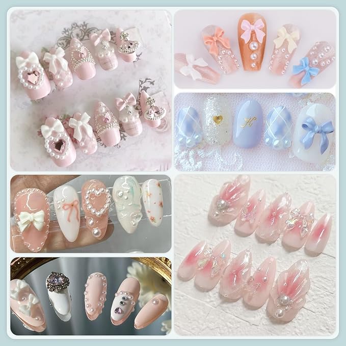 600 Pcs 3D Nail Charms and Flatback Pearls #5, 8 Colors Bow + Pink&White Star Heart Moon Cute Charms + 2-6mm White Pearls for Nail Art Design with Nail Charm Glue(UV Needed) and Pickup Tools