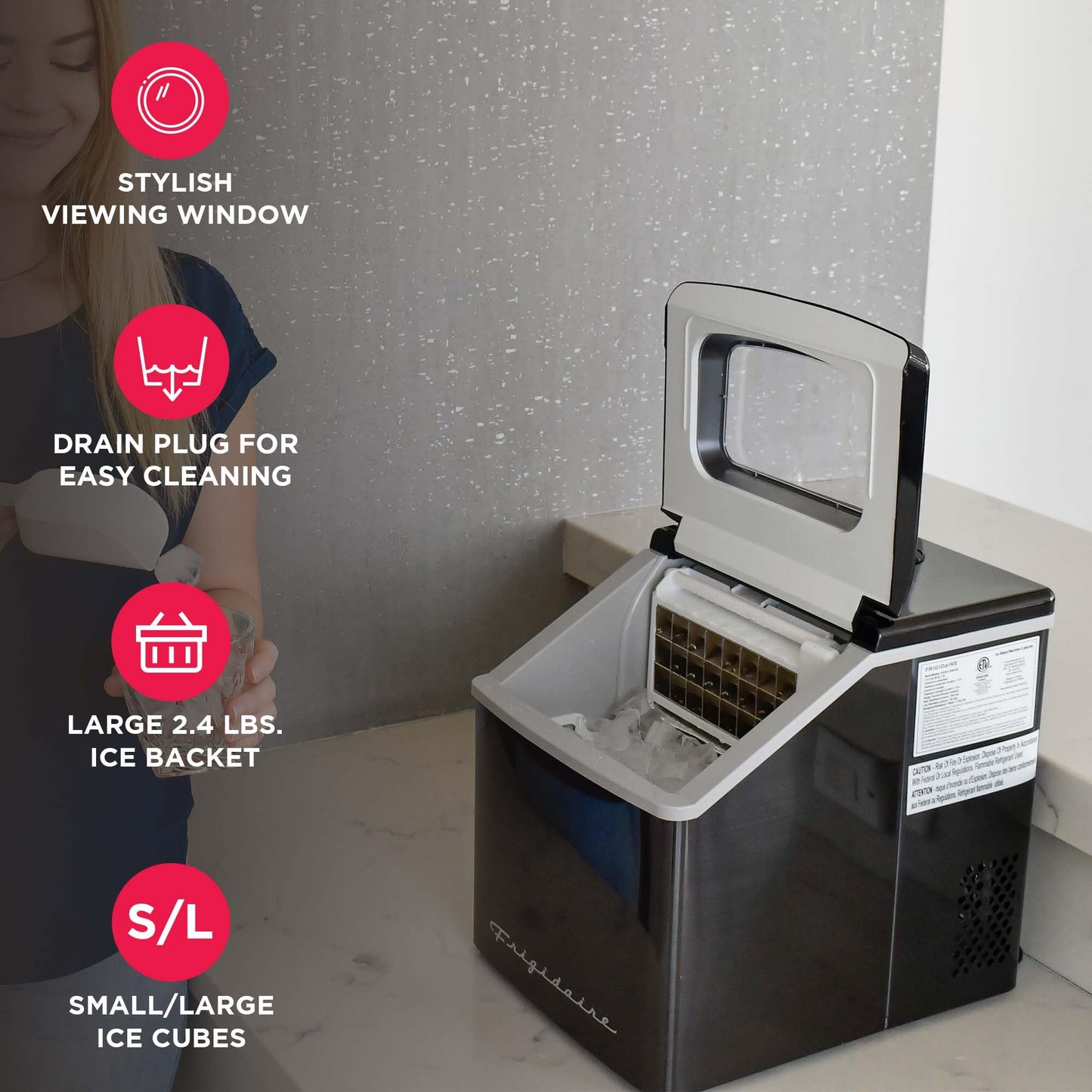 Frigidaire Ice Maker EFIC452, Countertop Stainless Steel Ice Maker with Transparent Window, Clear Ice Cube Maker with 40 lbs. Capacity, Ice Maker Machine – 14.8" D x 11" W x 14.1" H (Black)
