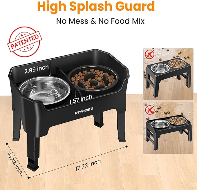 URPOWER Mess Proof Slow Feeder Dog Bowls 4 Height Adjustable Elevated Bowl Stand with 2 Stainless Steel Dog Bowls and 1 Slow Feeder Non-Slip Food and Water Bowl Set for Small and Medium Dogs