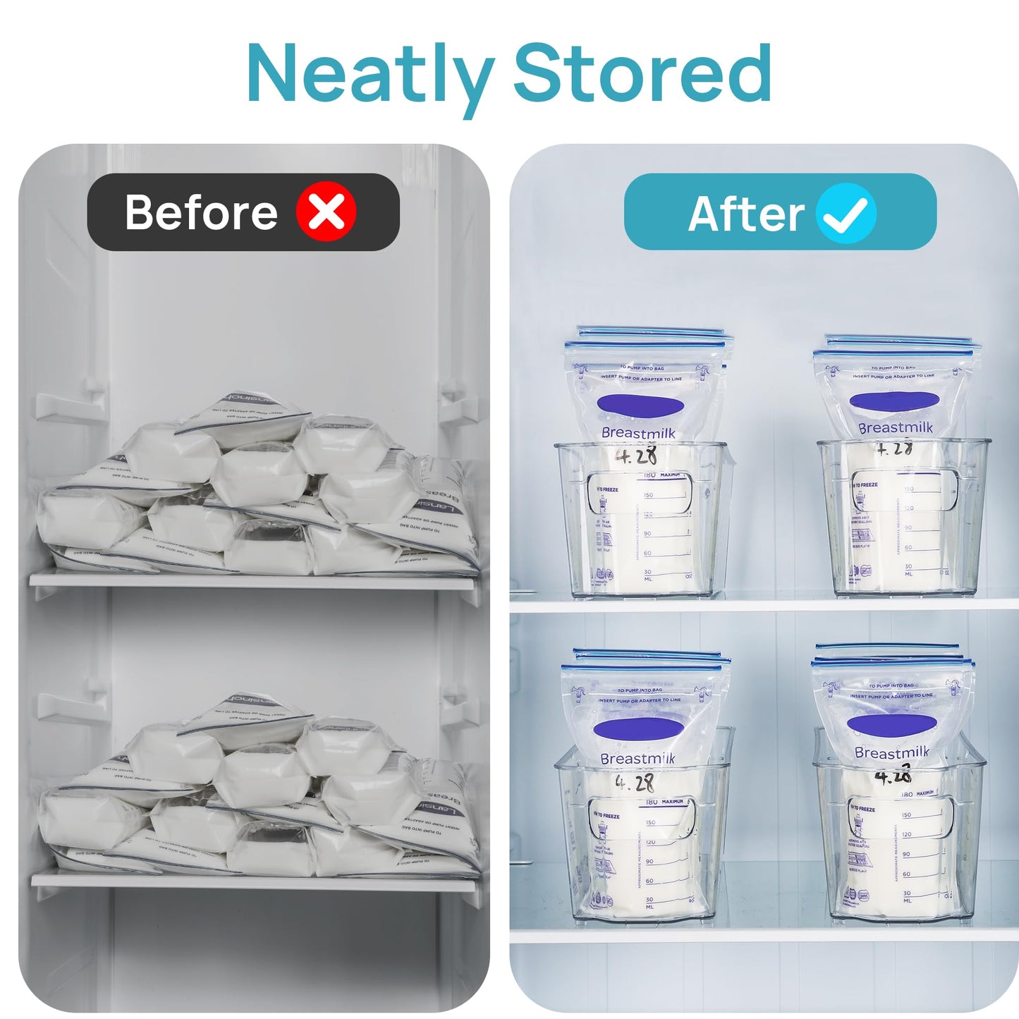 Vtopmart Breastmilk Storage Container 4PCS Set, Clear Freezer and Fridge Organizer Bins, Plastic Storage Bins for Breast Milk, Baby Pouches, Formula, Bottles and Yogurts, 4.3’’ Width, 14.7" Long