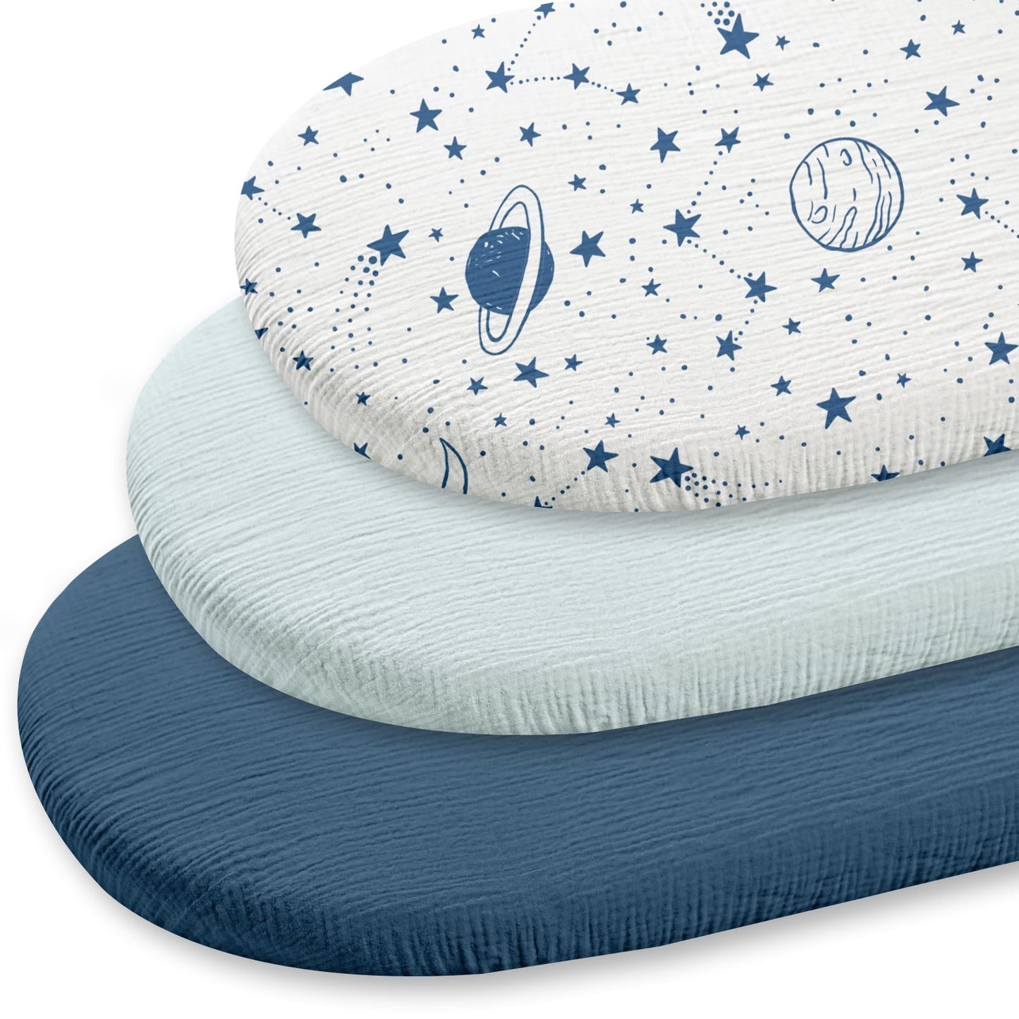 Gllquen Baby Muslin Bassinet Sheets 3 Pack, Breathable Elastic Cozy Fitted Cotton Bassinet Mattress Sheet for Baby Boy Girls, Fit for Hourglass Oval Rectangular Cradle Pad Sheets 33"x17" (Blue)