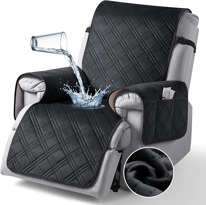 TAOCOCO 100% Waterproof Recliner Chair Cover, Recliner Covers for Recliner Chair with Pocket, Non Slip Reclining Chair Cover Furniture Protector for Kids, Pets(30'', Black-Velvet)