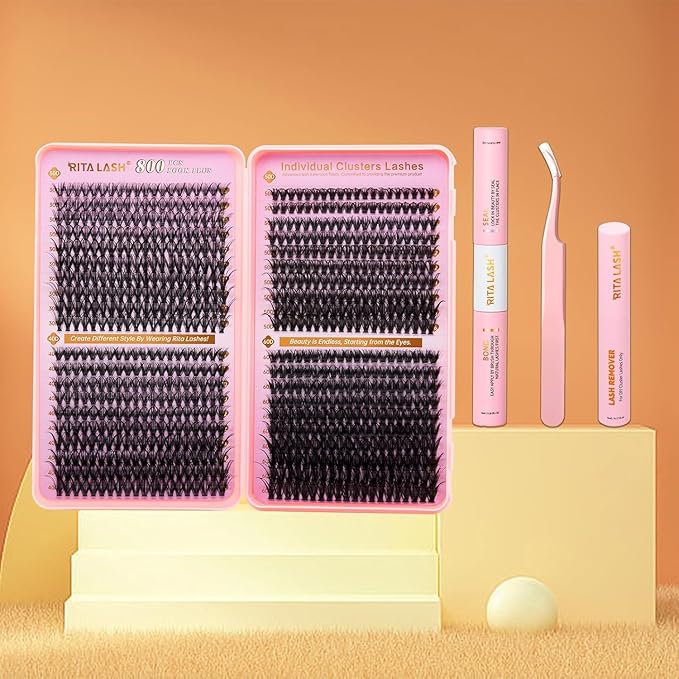 RITALASH Lash Extension Kit DIY Lash Clusters 800pcs Cluster Lashes Individual Lashes Book Set Eyelash Extension Kit with Lash Bond and Seal,Lash Remover,Lash Tweezers(30D+40D+50D+60D Kit,8-16mm)