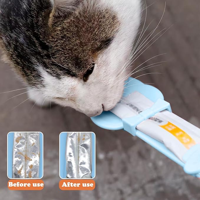 Cat Treat Spoon & 3 Pcs Can Lids | Cat Strip Feeder Squeeze for Liquid Snack | Universal Silicone Pet Can Covers BPA Free | Waste-Free Lickable Treat Feeder(Blue)