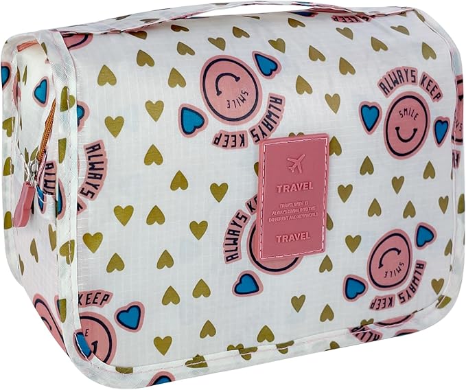 Large Capacity Toiletry Bag Travel Bag with Hanging Hook for Men and Women Waterproof Travel Cosmetic Bag Bathroom Storage Bag for Brushes Set,Full-Sized Shampoo,Accessories-Pink Smile