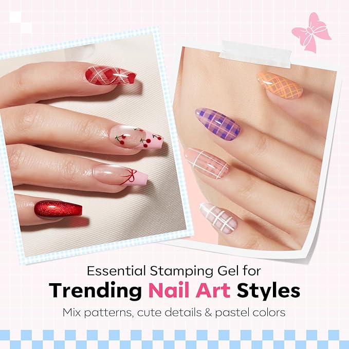 Modelones 16PCS Plaid Nail Stamping Kit – French Tip Stamper White Black Painting Gel Polish Chrome Powder Proof Matte Gel Top Coat Gingham Template Dual Nail Art Brush Spring Manicure Gift for Women