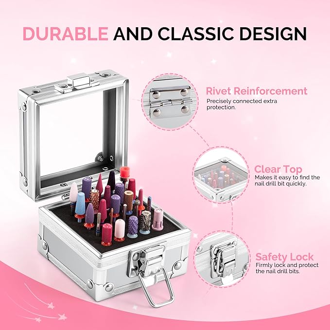 MelodySusie Nail Drill Bits Holder, 25 Holes Case, Portable Dustproof Displayer Organizer Container, Nail Tech Professional Nail Art Tool, Travel Salon Home, Silver (Drill Bits Not Included)