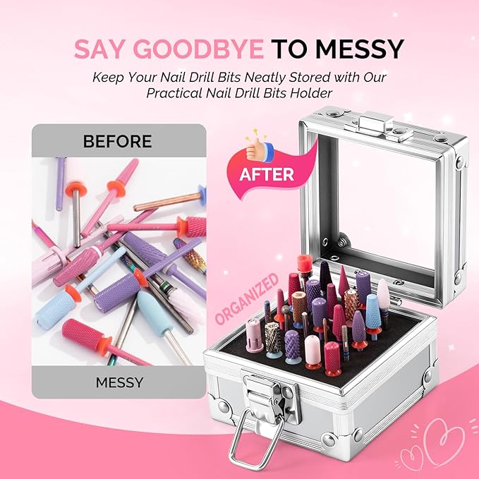 MelodySusie Nail Drill Bits Holder, 25 Holes Case, Portable Dustproof Displayer Organizer Container, Nail Tech Professional Nail Art Tool, Travel Salon Home, Silver (Drill Bits Not Included)