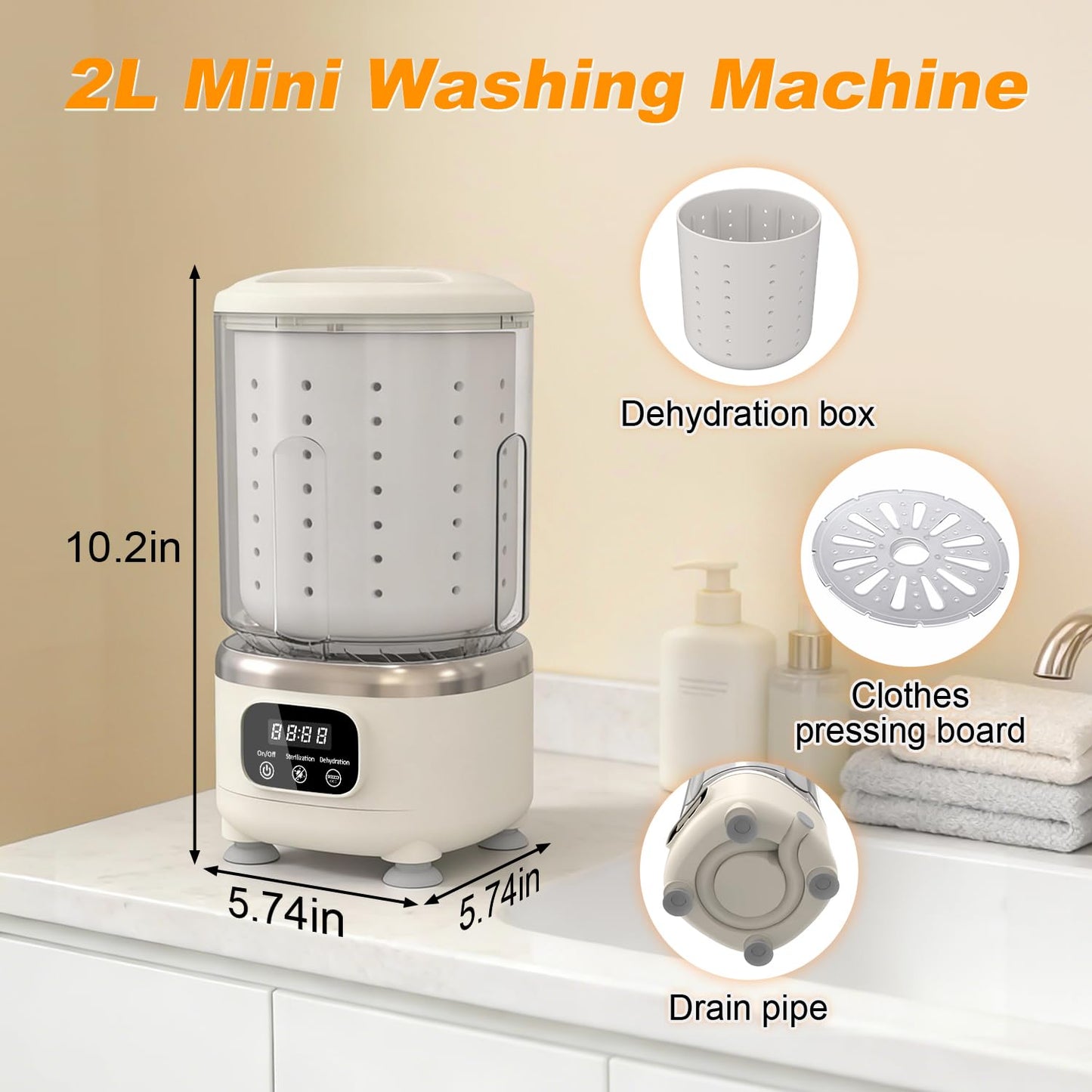 MEIIS Portable Mini Washing Machine, 2L USB Rechargeable 3000mAh with Spin Dry Basket, 3 Modes Blue Light Cleaning, Compact for Dorm, Camping, RV - Underwear & Baby Clothes Washer