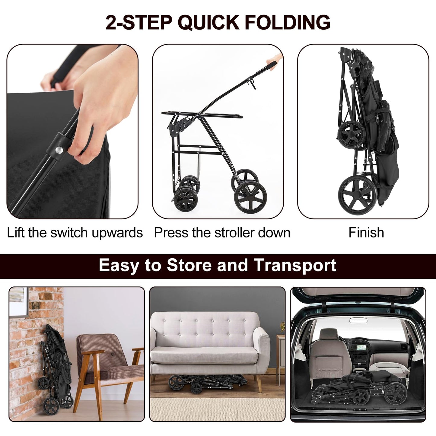 LPOTIUS Double Pet Stroller for Dogs and Cats with 2 Detachable Carrier, Quick-Folding Dog Stroller for Medium Small Dogs Cats, 4 Wheels, Black