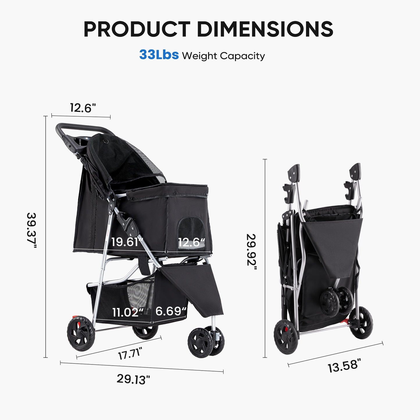 NEWBULIG Pet Stroller for Dogs, Cats Stroller with 3 Wheel, Foldable, Lightweight and Durable, Ideal for Small to Medium Pets, Includes Storage Basket and Cup Holders, Black