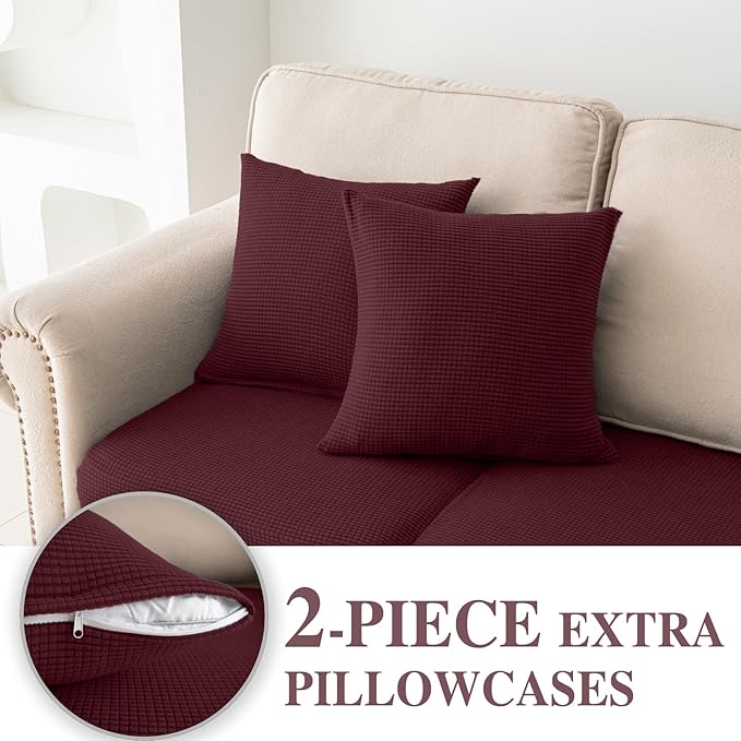Couch Cushion Covers for Sectional Sofa L Shape Washable Separate Seat Chaise Couch Cover Stretch Sofa Slipcovers with 2 Pcs Pillowcases(3 Seater + 1 Chaise, Burgundy)