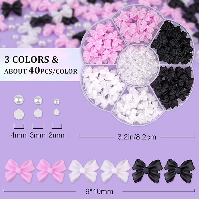 120 Pcs 3D Nail Bow Charms + 2-4mm Nail Pearls Set 8, Pink White Black Bow Nail Charms and White Flatback Pearls with Nail Charm Glue Gel(UV Needed) and Pickup Tools for Nail Art Decoration, Small