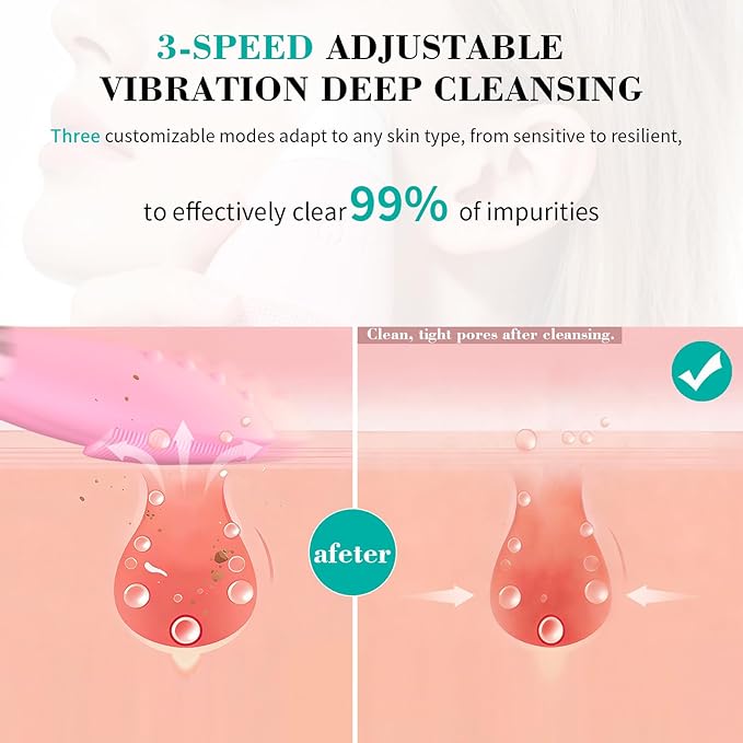 Facial Cleansing Brush, Rechargeable Silicone Face Scrubber with 5 Cleansing Modes, Portable Vibrating Exfoliator Scrubber for Deep Cleaning, Waterproof Face Brush for Women(Pink)