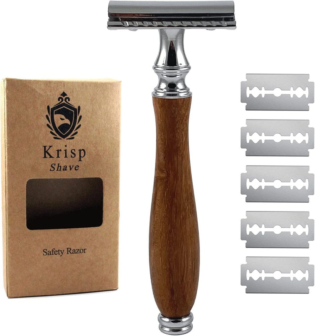 (4.5 Inch) Long Wood Handle Safety Razor for Men Women - Double Edge Manual Razor - Fits All Double Edge Razor Blade - Comes With 5 Shaving Blades, Brown
