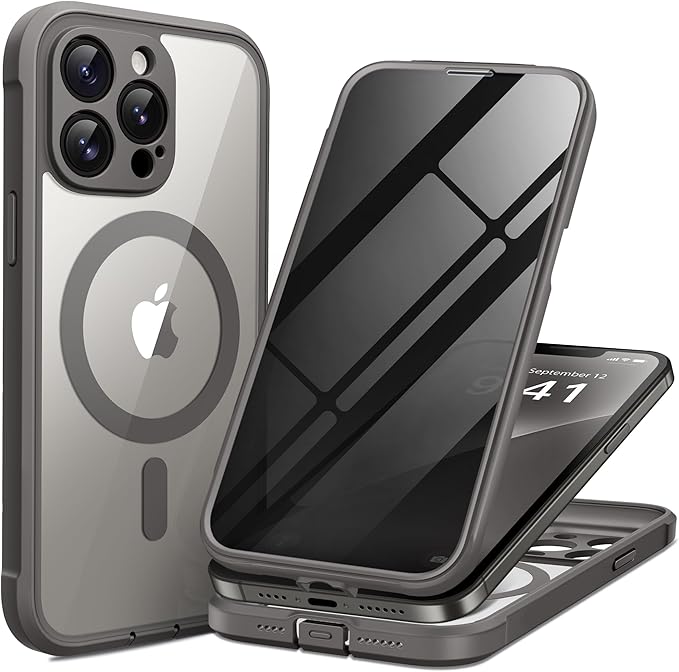 BERFY Magnetic for iPhone 13 Pro Max Case, Compatible with MagSafe, Built-in Privacy Screen Protector and Upgraded Camera Protection, Anti-Spy Full Body Shockproof Phone Case for 13 Pro Max 6.7", Grey
