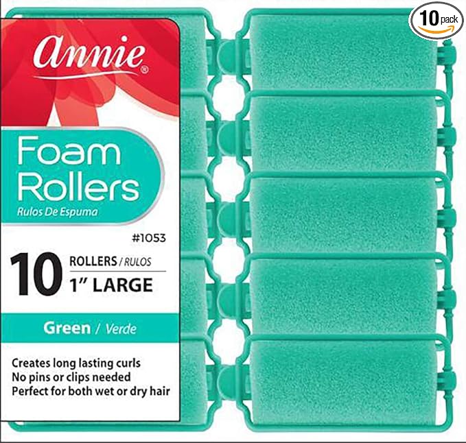Annie Foam Hair Rollers Large 1 Inch, 10 Count Green Soft Sponge Curlers for Heatless Curls & Waves, No Pins or Clips Needed, For Wet or Dry Hair, Comfortable Overnight Set