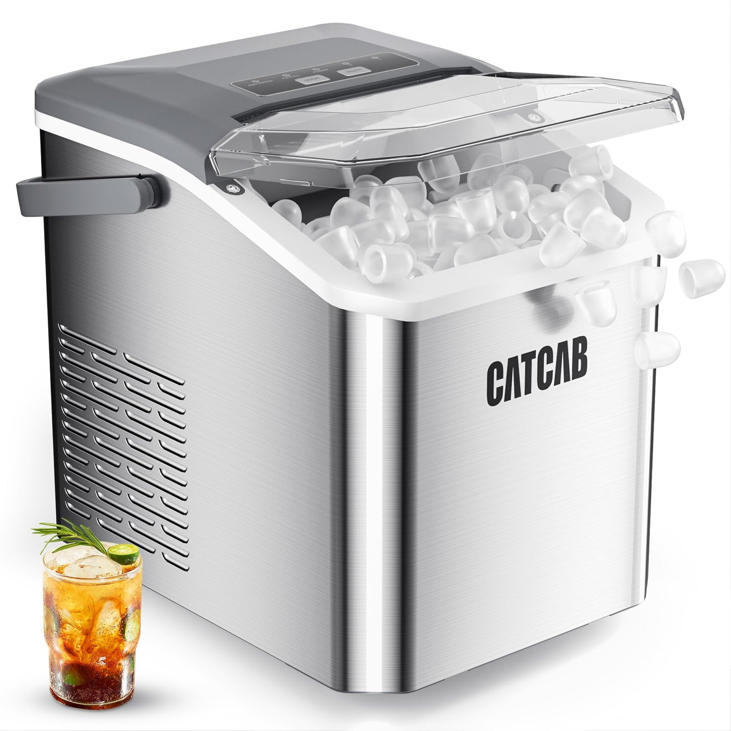 Ice Makers Countertop with Handle, 9 Ice Cubes in 6 Mins, 26.5Lbs/24H, 2 Sizes of Bullet Ice, Portable Ice Maker Machine with Self-Cleaning, for Home Kitchen Party RV Camping, Stainless Steel Silver
