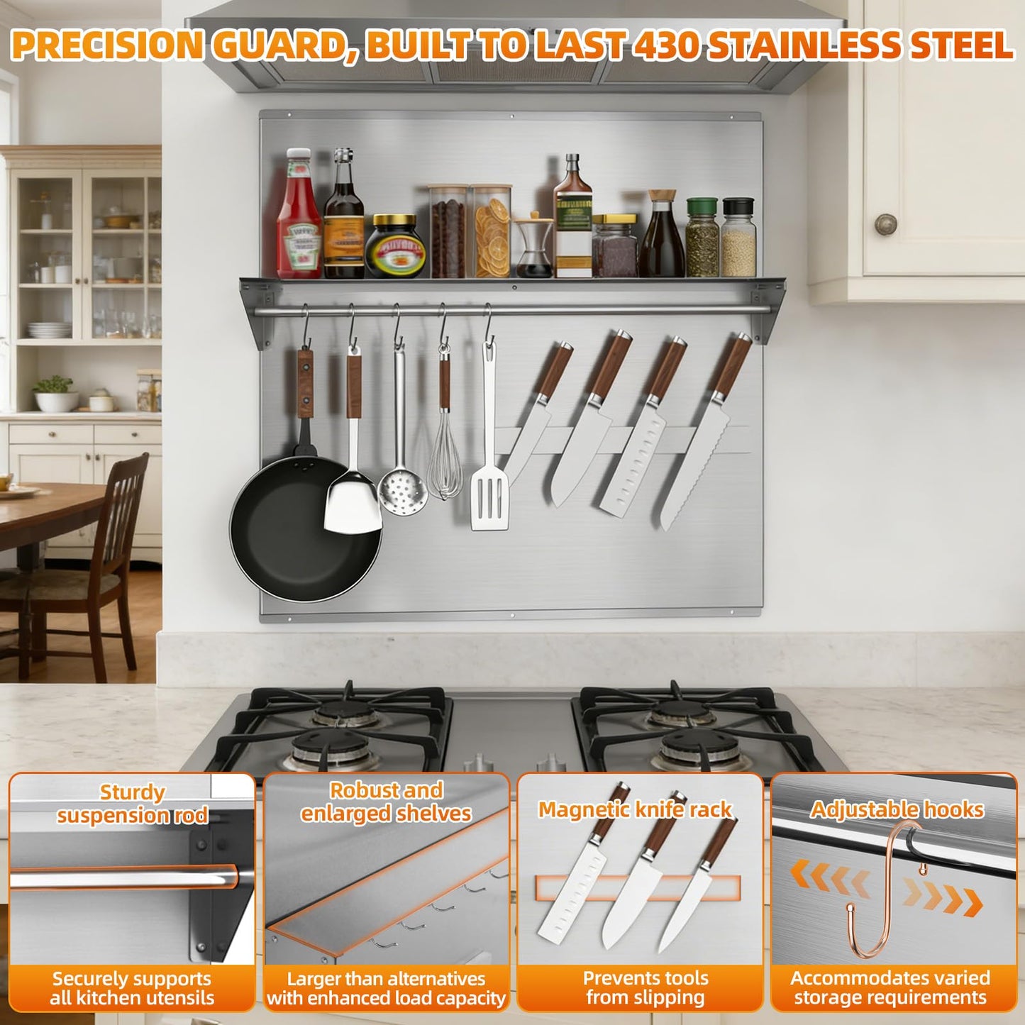 Vlaeng 30"x30" Stainless Steel Range Backsplash, Stove Backsplash With Storage Shelf & Magnetic Knife Rack, Stainless Steel Backsplash For Stove, Range Hood Wall Shield With Pre-Drilled Holes