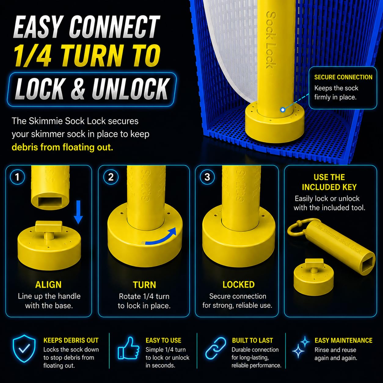 Skimmie Sock Lock - Ultimate Pool Cleaning Convenience: Removable Handle for Skimmer Socks Keeps Debris in, Even When Pump's Off