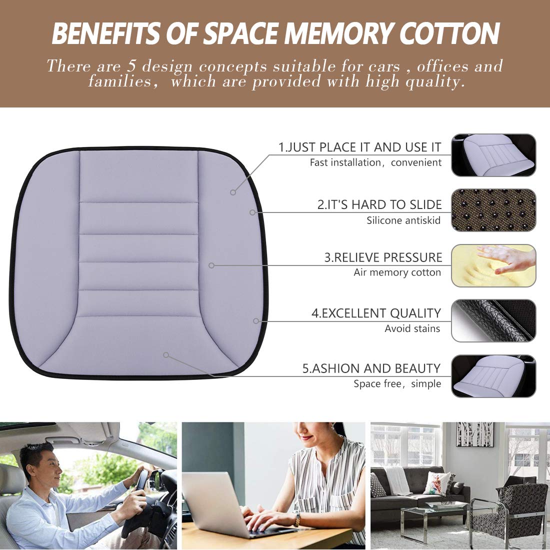 MYFAMIREA 2PCS Car Seat Cushion Pad 1.2" Thick Comfort Seat Protector for Car Driver Seat Office Chair Home Use Memory Foam Seat Cushion with Non Slip Bottom, 20'' x 18.5'', Gray
