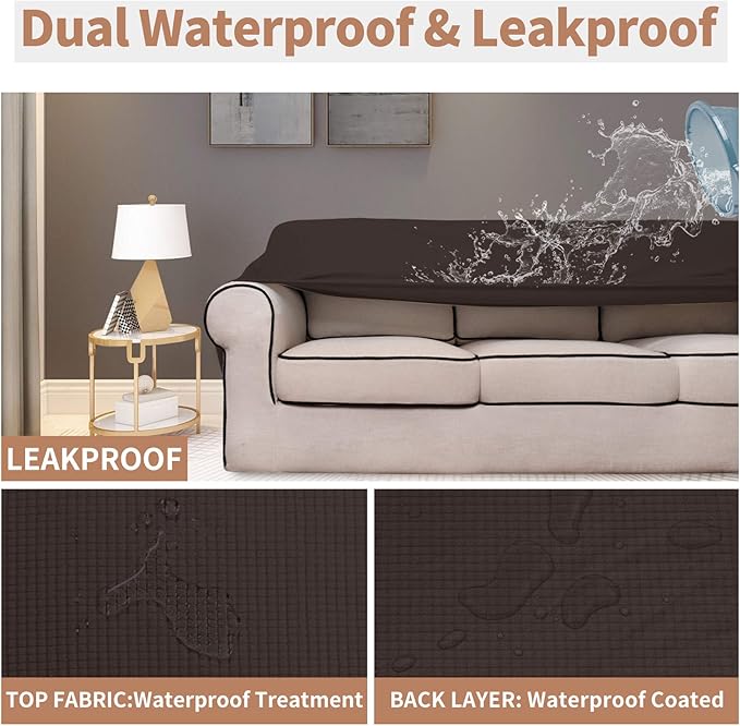 Easy-Going 100% Waterproof Couch Cover, Dual Waterproof Sofa Cover, Stretch Jacquard Sofa Slipcover, Leakproof Furniture Protector for Kids, Pets, Dog and Cat(Oversized Sofa, Chocolate)