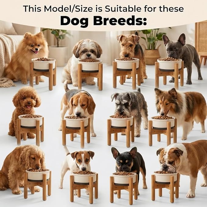 Dog Bowl Stand - Raise, Elevate Bowls to 9-inch High - Adjustable, Fits 6 up to 8-inch Medium Dog Food/Water Feeders, Dishes and Fountains - Durable Bamboo