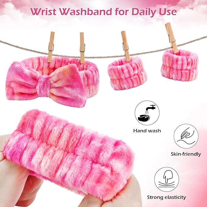 3PCS Spa Headband and Wristbands Set for Women, Soft Microfiber Face Wash Headband with Cute Bow, Elastic Absorbent Wrist Towels, Makeup Skincare Accessories for Facial, Shower, Yoga