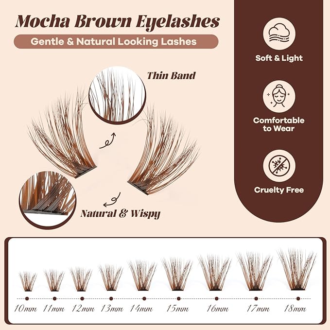 B&Q Mocha Brown Lash Clusters Kit | 280 Pcs Brown Wispy & Natural Eyelash Clusters for Beginner DIY, Complete Lash Extension Kit with Bond and Seal, Fake Eyelashes for Natural Look（80D 10-18mm)