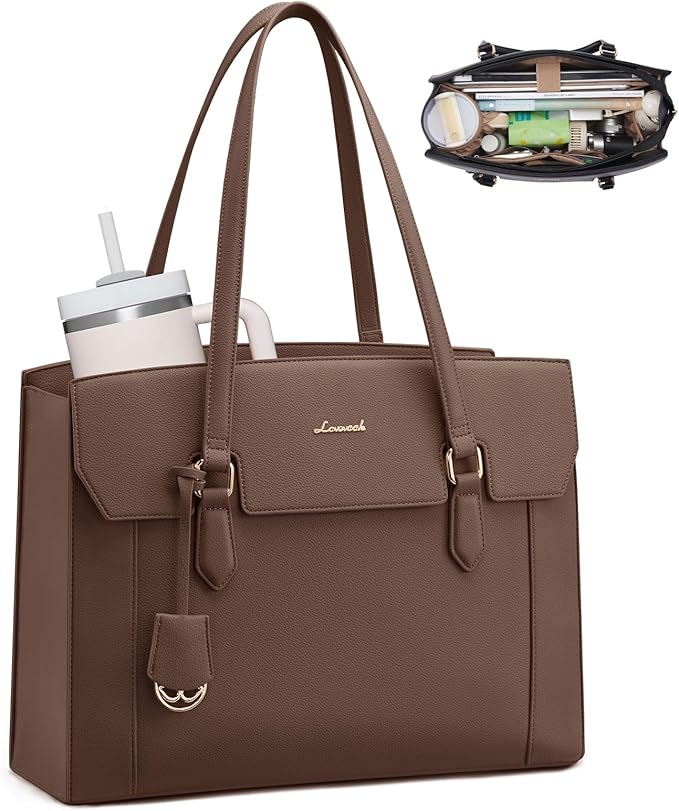 LOVEVOOK Laptop Tote Bag for Women,Computer Work Bag With Large Cup Holder,15.6 Inch Waterproof PU Leather Purse Briefcase for Teacher